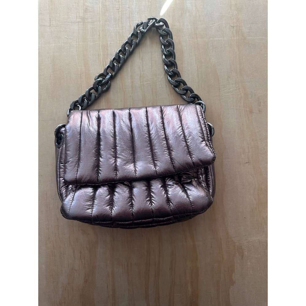 Think Royln Wingman Metallic Puffer Flap Crossbody Bag Bronze Gunmetal Chain